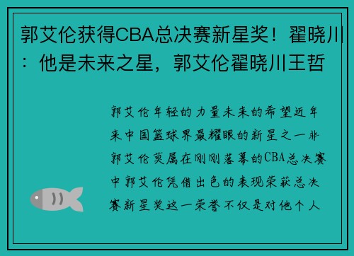 郭艾伦获得CBA总决赛新星奖！翟晓川：他是未来之星，郭艾伦翟晓川王哲林