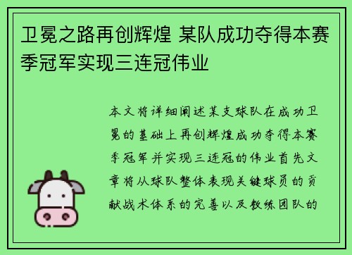 卫冕之路再创辉煌 某队成功夺得本赛季冠军实现三连冠伟业