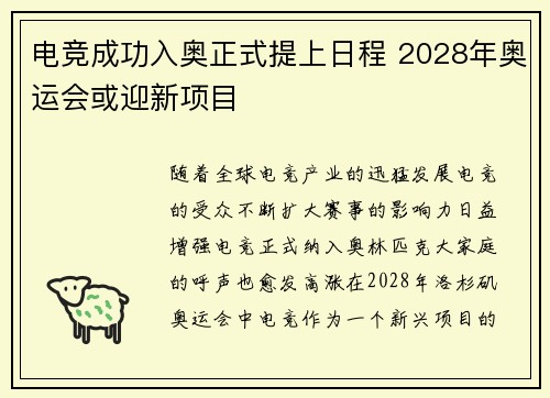 电竞成功入奥正式提上日程 2028年奥运会或迎新项目 电竞成功入奥正式提上日程 2028年奥运会或迎新项目