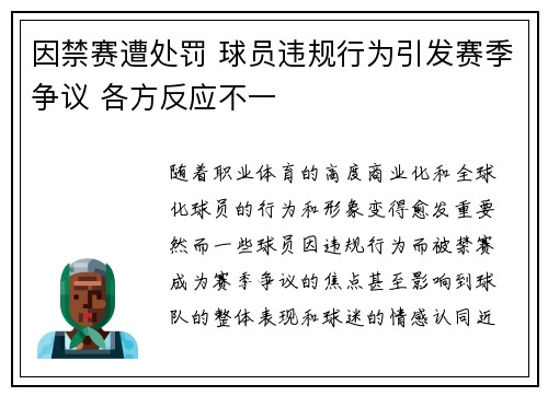 因禁赛遭处罚 球员违规行为引发赛季争议 各方反应不一